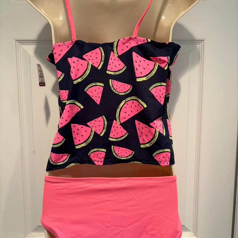 Justice Watermelon Tankini Swimsuit Girls 18 Plus Navy Neon Pink UPF 50 763679